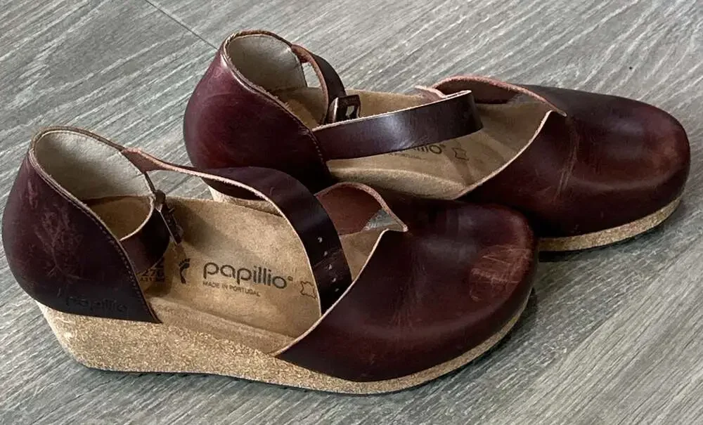 Papillio Birkenstock Mary Brown Leather Wedge Heels Cork Sandals Women's Size 42